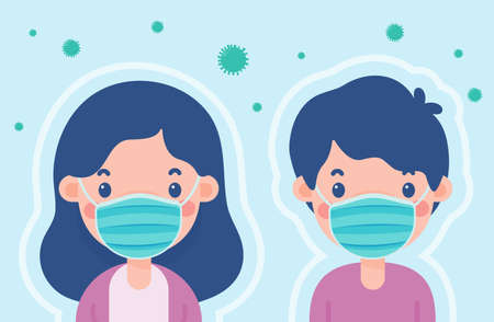 Cartoon men and women wearing masks to prevent the coronavirus Disease shield conceptのイラスト素材