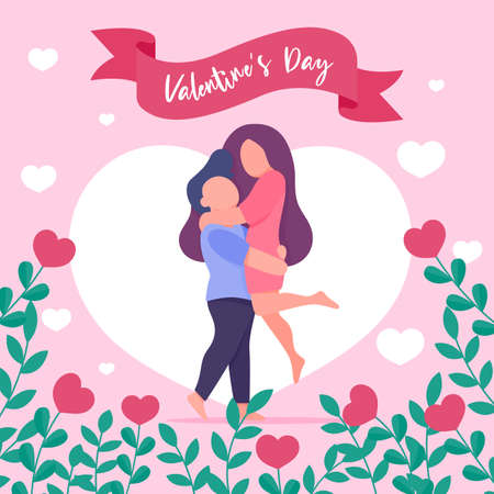 Young couples embrace each other in love Surrounded by heart shaped trees on valentines dayのイラスト素材