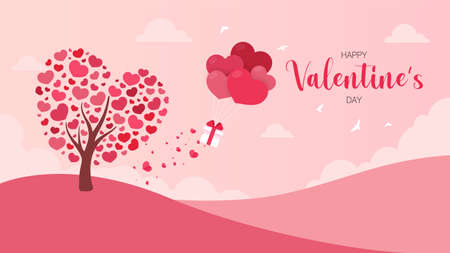 Heart tree that released gift boxes with balloons floating in the sky. Valentine's day greeting cardのイラスト素材