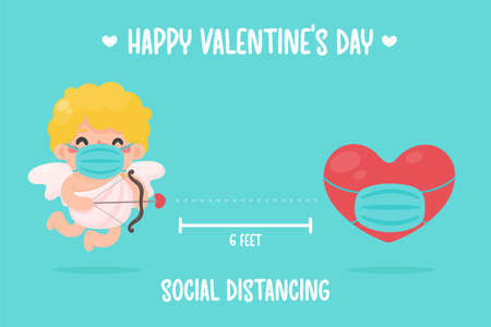 Cupid held a bow and pointed an arrow at the heart. Social Spacing Ideas for Valentine's Dayのイラスト素材