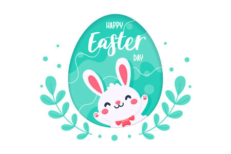 Cartoon rabbit with long ears Happy jumping on the green meadow in the spring Easter egg.のイラスト素材