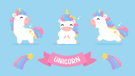Cute unicorn horse cartoon set With a rainbow pastel shooting star Isolated on backgroundのイラスト素材