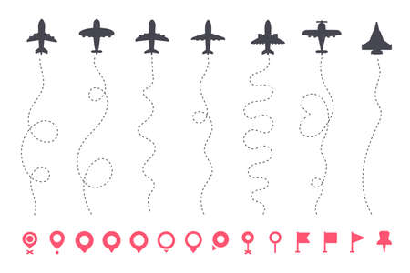Airplane routes. Travel vector icon. Travel from start point and dotted line tracing.のイラスト素材