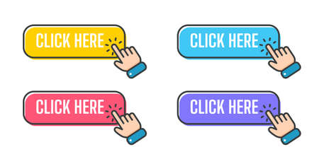 Hand cursor vector icon with blue click button. Click here for links to websites.のイラスト素材