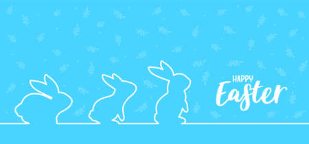 Line shadow of rabbit with simple Happy Easter text design on blue leaf pattern background.のイラスト素材