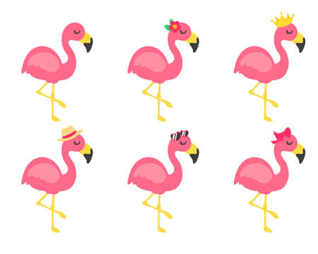 Vector cartoon flamingos and flower accessories, glasses, bows and hats. Great for summer travel.のイラスト素材