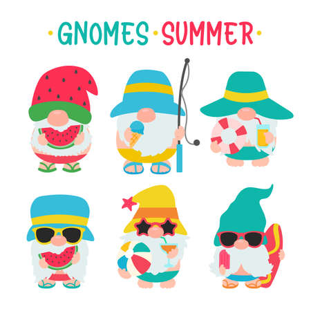 Gnomes Summer. Gnomes wear hats and sunglasses for summer trips to the beach.のイラスト素材