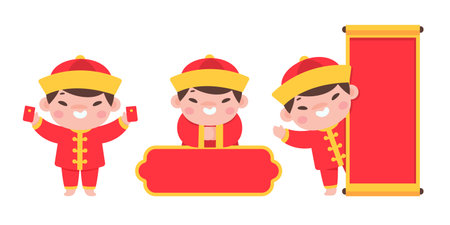 Chinese children wearing red national costumes Celebrate Chinese New Yearのイラスト素材