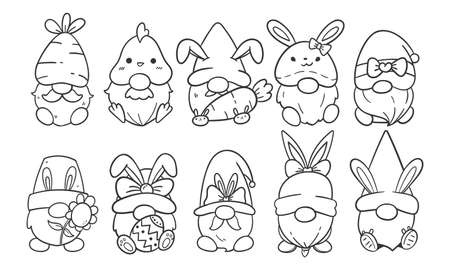 Line art cartoon Easter gnomes holding eggs decorate coloring book for kidsのイラスト素材