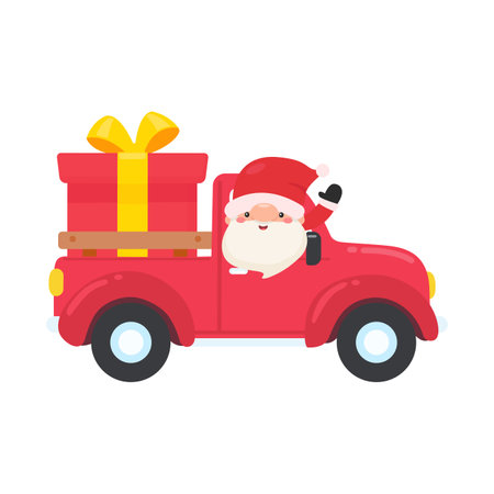 Cartoon santa driving a red pickup truck to send a big gift box on christmas eveのイラスト素材