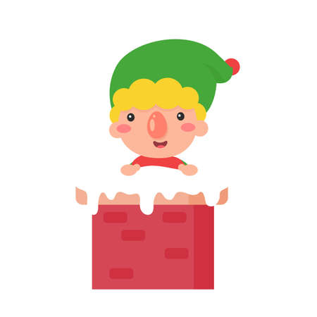 A cartoon elf emerged from a chimney on the roof on Christmas Day.のイラスト素材