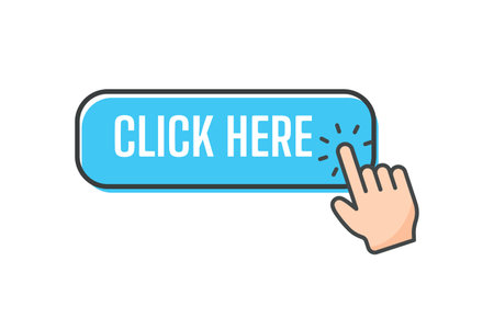 Hand cursor vector icon with blue click button. Click here for links to websites.のイラスト素材