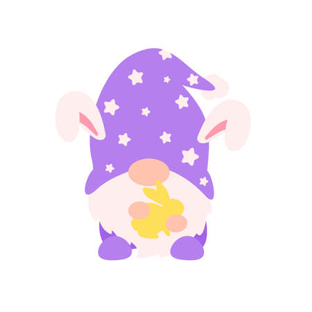 Cute gnomes wearing bunny ears hold carrots and colorful eggs in Easter. Isolated on backgroundのイラスト素材