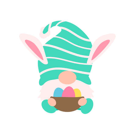 Cute gnomes wearing bunny ears hold carrots and colorful eggs in Easter. Isolated on backgroundのイラスト素材