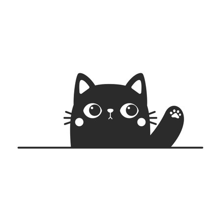 Vector cartoon silhouette of black cat waving to the wall is waving Cute kitten line drawing.のイラスト素材