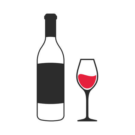 Wine bottle and wine glass icon with red liquid inside Isolated on white background.のイラスト素材