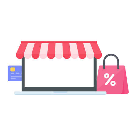 laptop computer with red awning and shopping bags online store conceptのイラスト素材