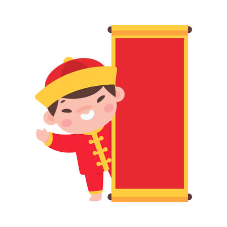 Chinese children wear red national costumes to celebrate Chinese New Year.のイラスト素材