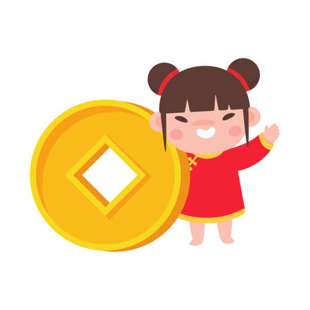 Chinese children wear red national costumes with golden yuan.のイラスト素材