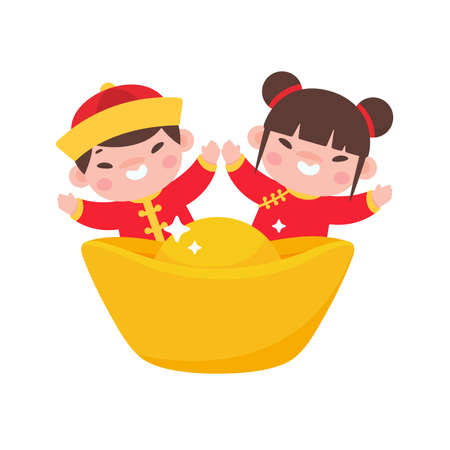 Chinese children wear red national costumes with golden yuan.のイラスト素材