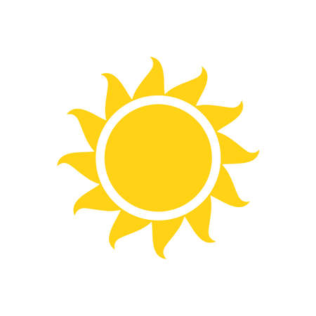 Vector cartoon yellow sun Shining light rays to heat the summer. Isolated on white background.のイラスト素材