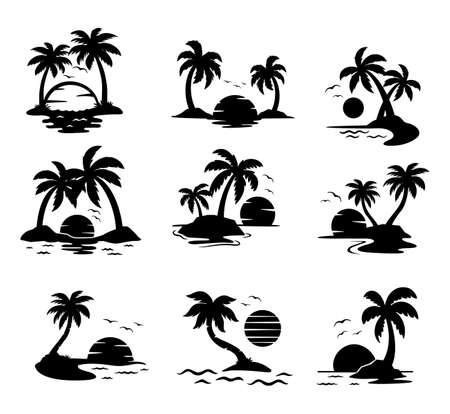 Palm tree silhouette on the beach by the sea for summer vacationのイラスト素材