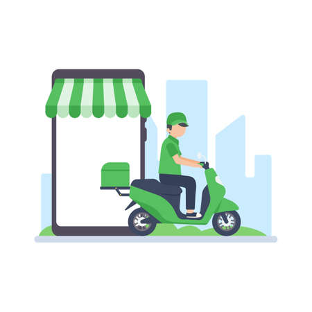 The delivery driver drives through a mobile phone with a map screen. online food delivery conceptのイラスト素材