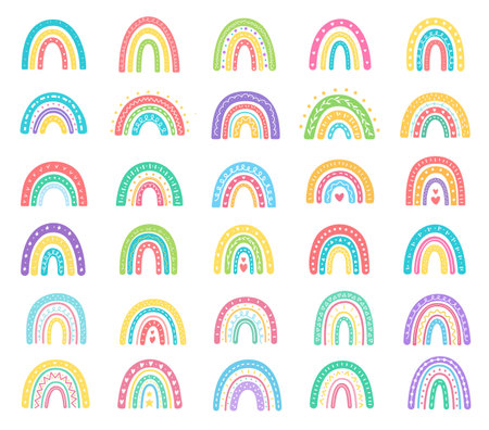 boho rainbow. hand drawn pastel rainbow baby greeting card decorative elementsのイラスト素材