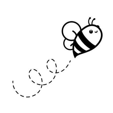cartoon cute little bee flying on the dotted line to find sweet honeyのイラスト素材