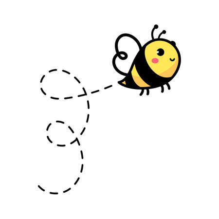 cartoon cute little bee flying on the dotted line to find sweet honeyのイラスト素材