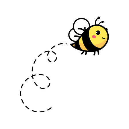 cartoon cute little bee flying on the dotted line to find sweet honeyのイラスト素材