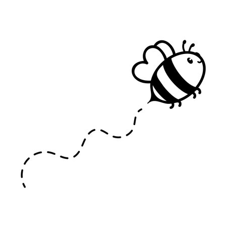 cartoon cute little bee flying on the dotted line to find sweet honeyのイラスト素材