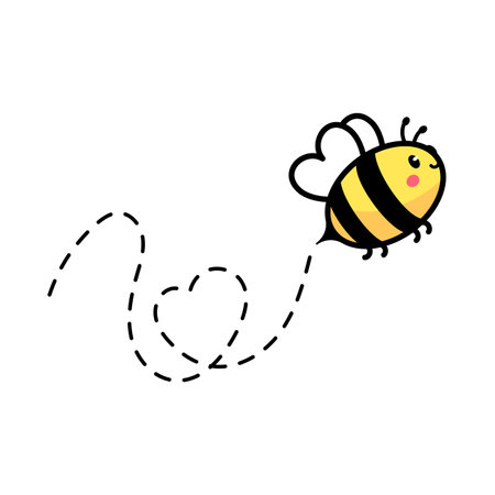 cartoon cute little bee flying on the dotted line to find sweet honeyのイラスト素材