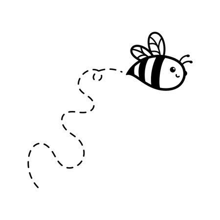 cartoon cute little bee flying on the dotted line to find sweet honeyのイラスト素材