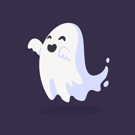 Cartoon ghost in white robe floating Haunt and scare people on Halloween night.のイラスト素材
