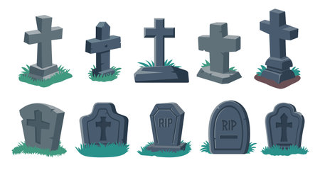 cartoon gravestones of the dead The crucifix on the grave halloween night horrorのイラスト素材