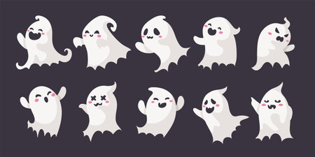 Cartoon ghost in white robe floating Haunt and scare people on Halloween night.のイラスト素材