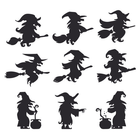 silhouette of an old witch riding a flying broomstick The witch concocted poison in the devil's cauldron.のイラスト素材