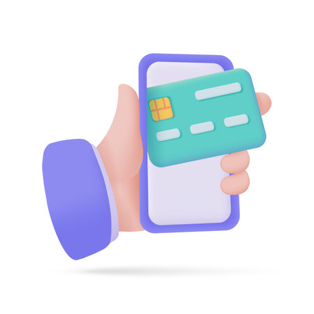 Credit card in phone. 3d illustration. Cashless society concept. online shopping with mobile phoneのイラスト素材