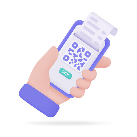 Hand holding a phone. online payment by credit card cashless society Scan QR code to pay online. 3D illustration.のイラスト素材