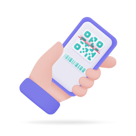 Hand holding a phone. online payment by credit card cashless society Scan QR code to pay online. 3D illustration.のイラスト素材