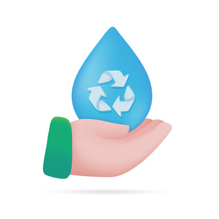 hand holding water droplets Water reduction concept for the planet. 3d illustrationのイラスト素材