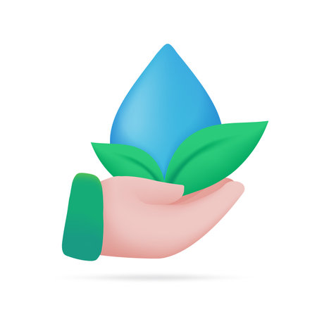 hand holding water droplets Water reduction concept for the planet. 3d illustrationのイラスト素材