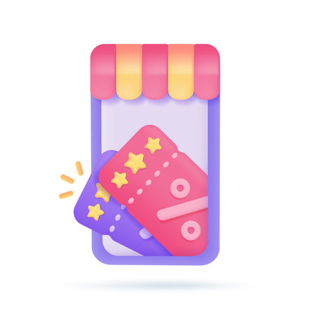 Mobile phones with awnings offer customers special discounts. Online shop concept. 3D illustration.のイラスト素材
