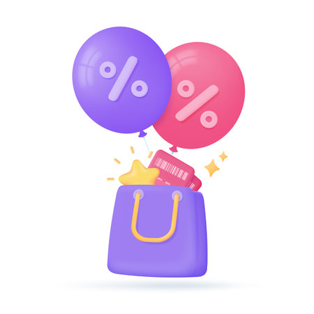 Shopping bags full of vouchers to offer customers special discounts. 3d illustration.のイラスト素材
