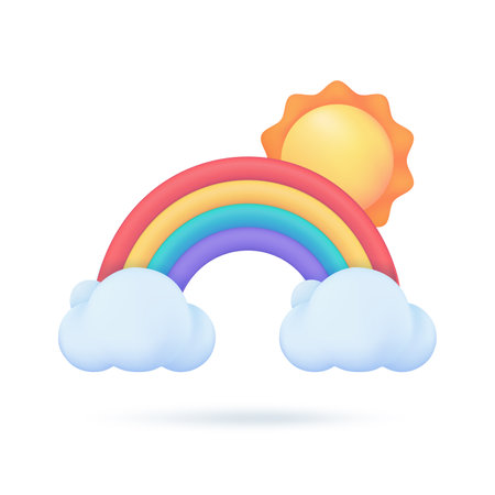 3D weather forecast icons clear sky after rain Beautiful rainbow. 3D illustration.のイラスト素材