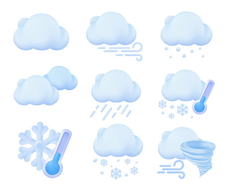 Weather forecast icon. Windy clouds and snow on a cold day. 3d vector illustrationのイラスト素材