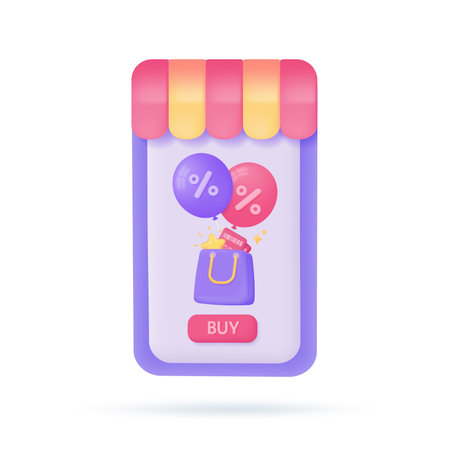Mobile phones with awnings offer customers special discounts. Online shop concept. 3D illustration.のイラスト素材