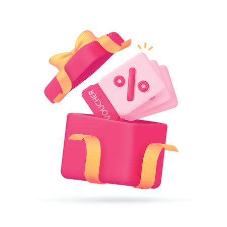 Surprise open gift box Product price discount voucher. 3d illustrationのイラスト素材