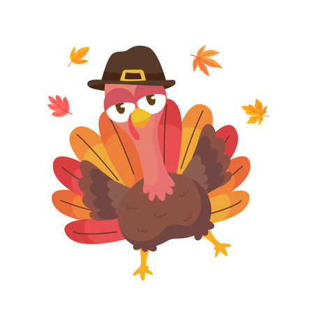 happy thanksgiving cartoon turkey cute and pumpkin in the autumnのイラスト素材